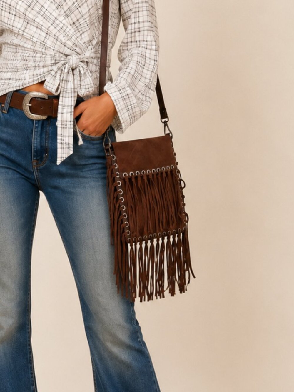 Karen Millen Brown Suede Fringe Crossbody Bag Made in Italy Boho Leather Bag